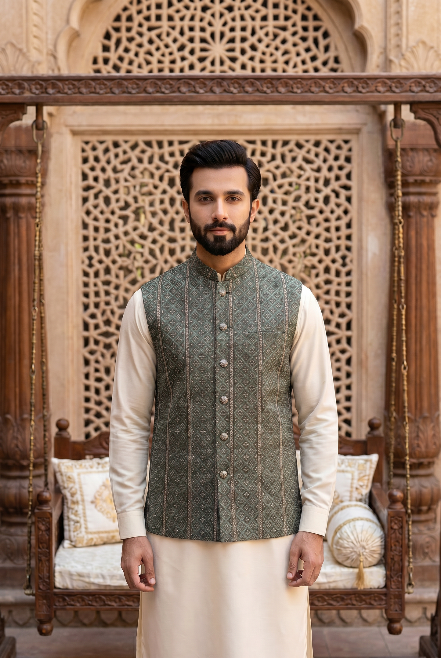 Zarqash  – Premium Olive Green Jacquard Multicolor Embroidered Waistcoat