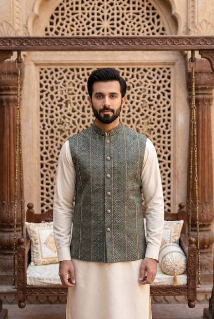 Zarqash  – Premium Olive Green Jacquard Multicolor Embroidered Waistcoat