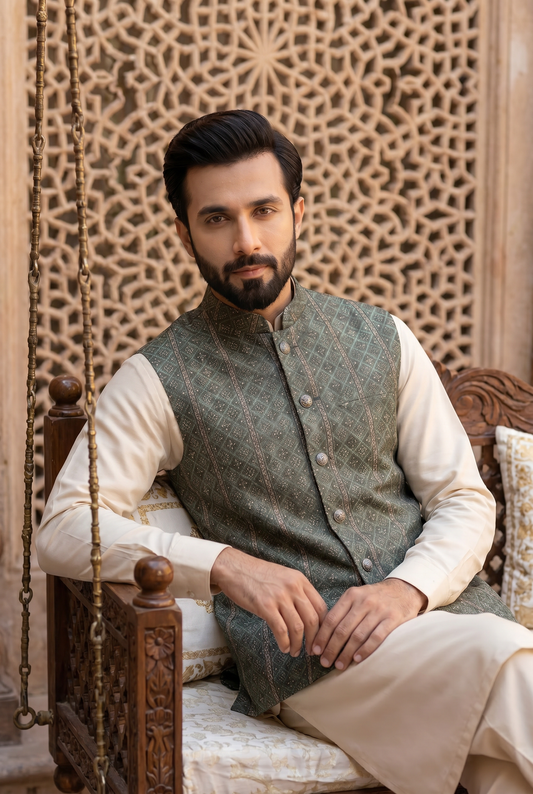 Zarqash  – Premium Olive Green Jacquard Multicolor Embroidered Waistcoat