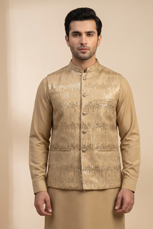 Sultan – Premium Golden Beige Raw Silk Sequence Embroidered Waistcoat
