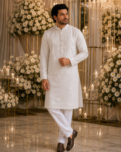 Shahan – Premium Ivory Cotton Silk Embroidered Wedding Kurta Pajama