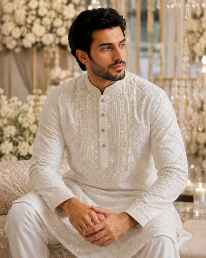 Shahan – Premium Ivory Cotton Silk Embroidered Wedding Kurta Pajama