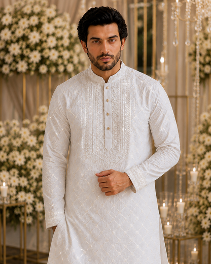 Shahan – Premium Ivory Cotton Silk Embroidered Wedding Kurta Pajama